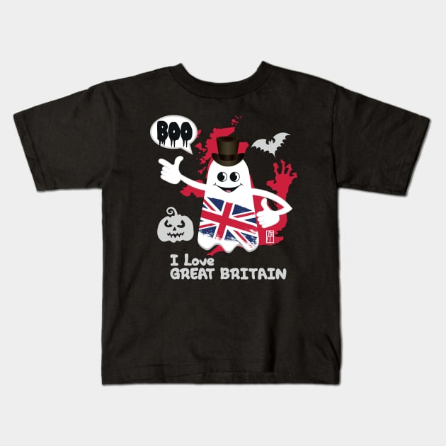 BOO GHOST with the English flag "I love Great Britain" - cute Halloween Kids T-Shirt by ArtProjectShop